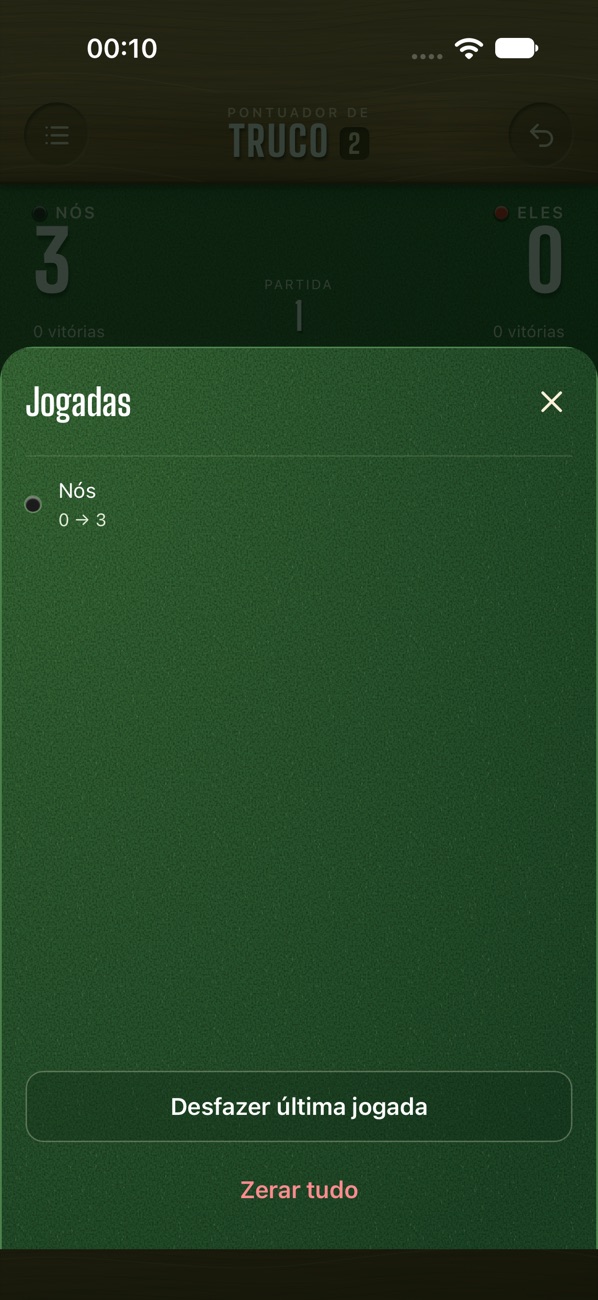 Histórico do app mostrando as últimas marcações da partida.